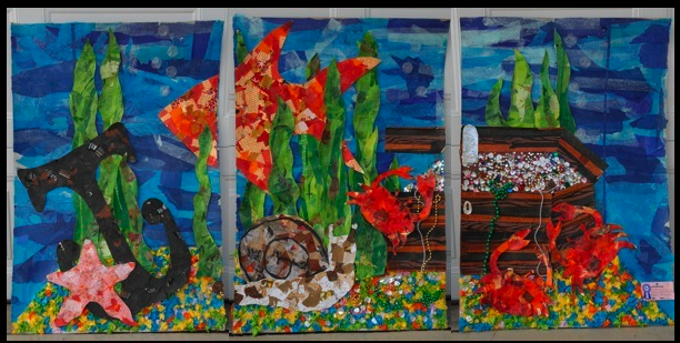 3 panel Art work of a treasue box, 4 orange fish , black anchor and various underwater sea life